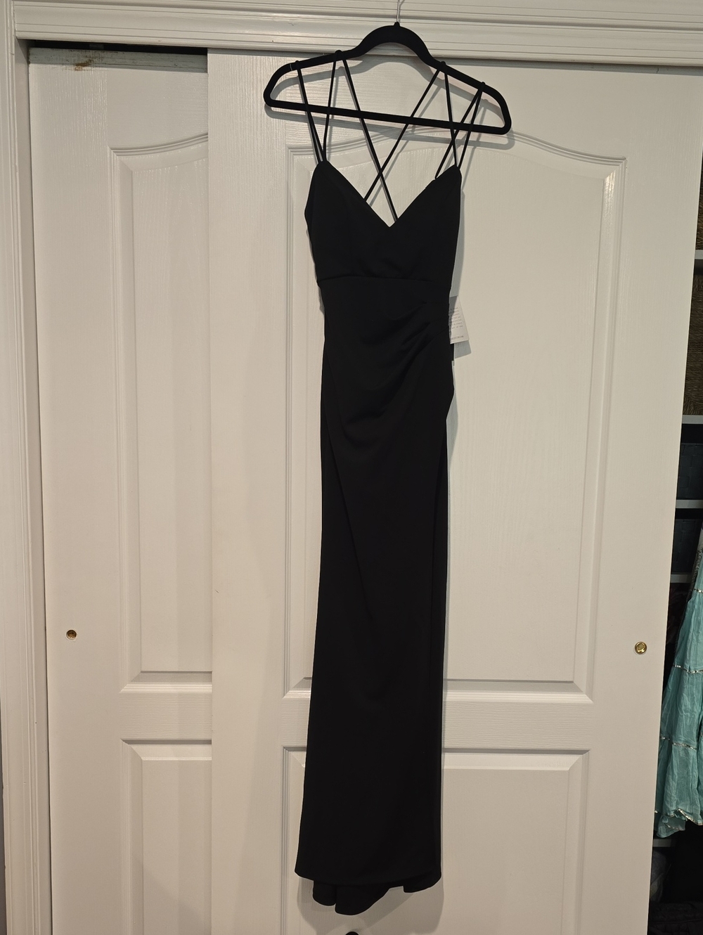 Nordstrom Black Strappy V-Neck Evening Gown with Slit by Leg